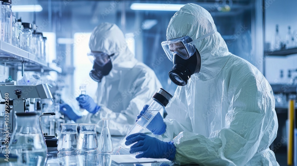 Fototapete scientists in a lab setting performing hazardous materials sampling with precise instruments.