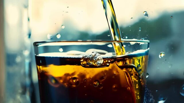 A close-up shot of amber liquid pouring into a glass, creating splashes and bubbles.