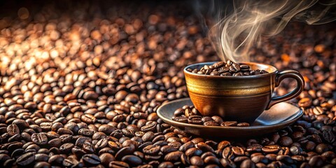 A steaming cup of coffee nestled amidst a sea of roasted beans, ready to awaken the senses with its rich aroma and invigorating warmth.