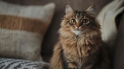 Siberian cat sitting on sofa at home.