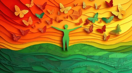 Vibrant Landscape with Butterflies and Human Silhouette