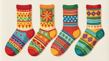 Cozy Hand-Drawn Christmas Knitted Socks Illustration in Flat Style for Seasonal Decor