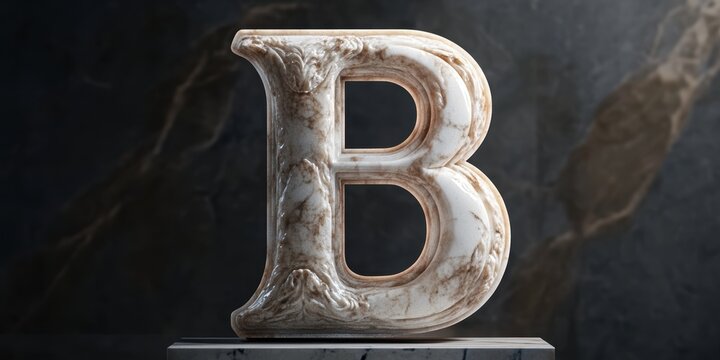 Marble letter B on pedestal.