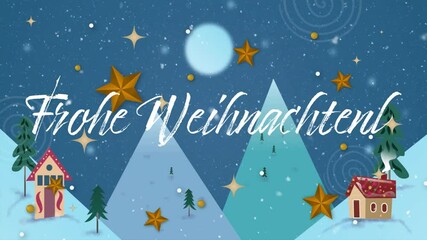 Frohe Weihnachten text animation over snowy winter landscape with stars and trees - Powered by Adobe