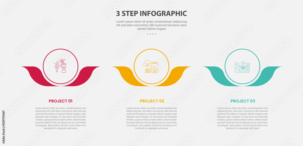 Aufkleber 3 points template infographic outline style with 3 point step template with big circle and flower le