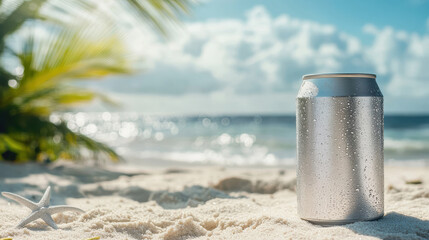 mock up drink can on the beach