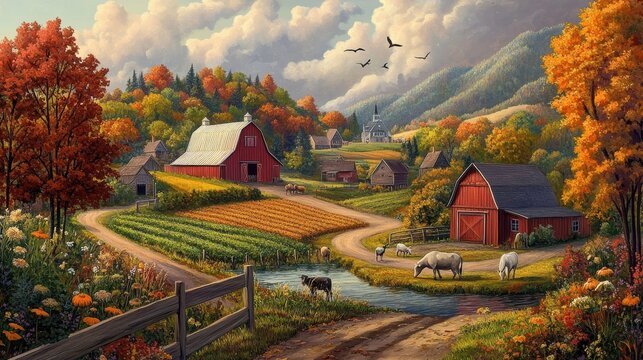 Fall countryside scene with red barns and a creek.