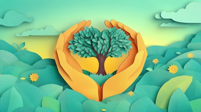 Hands Holding a Tree in a Paper Cut Landscape