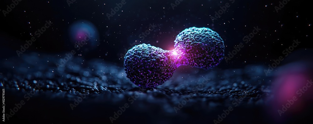 Poster abstract image of two cells merging in a dark, ethereal environment.