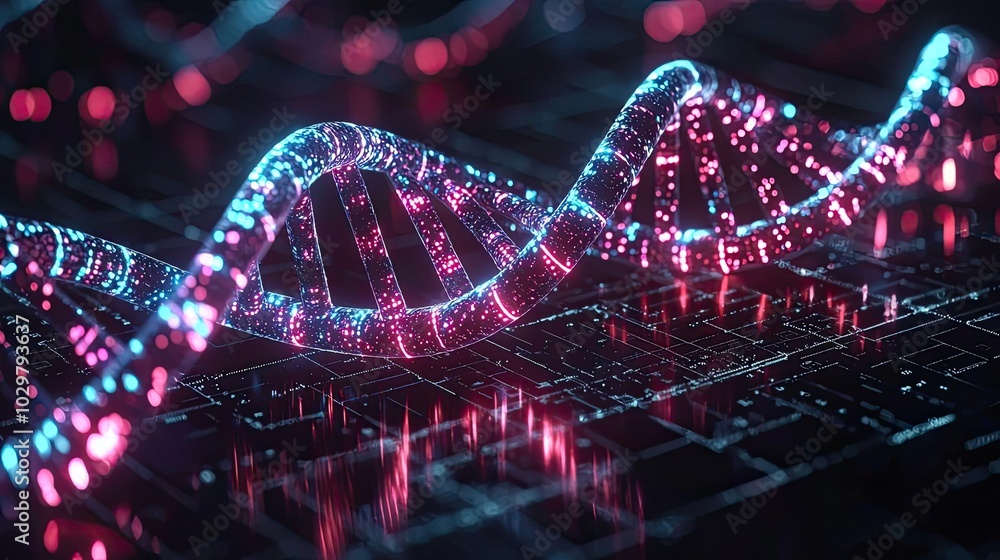 Poster digital dna strand with glowing elements on a dark background