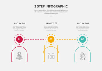 3 points template infographic outline style with 3 point step template with circle badge on top and creative line container at bottom for slide presentation