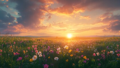 Fototapeta premium Enchanting panorama of a summer meadow at golden hour, lush green field dotted with colorful wildflowers, creating a serene rustic landscape under a pastel sky