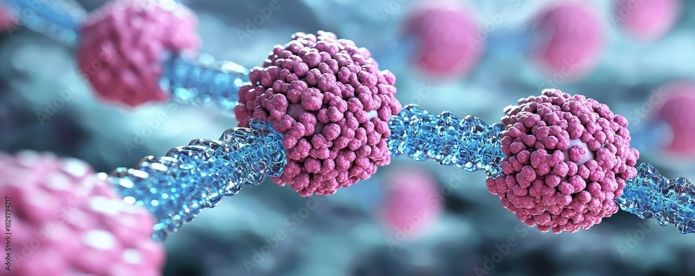 Poster microscopic view of cells and molecules with vibrant colors and intricate structures.