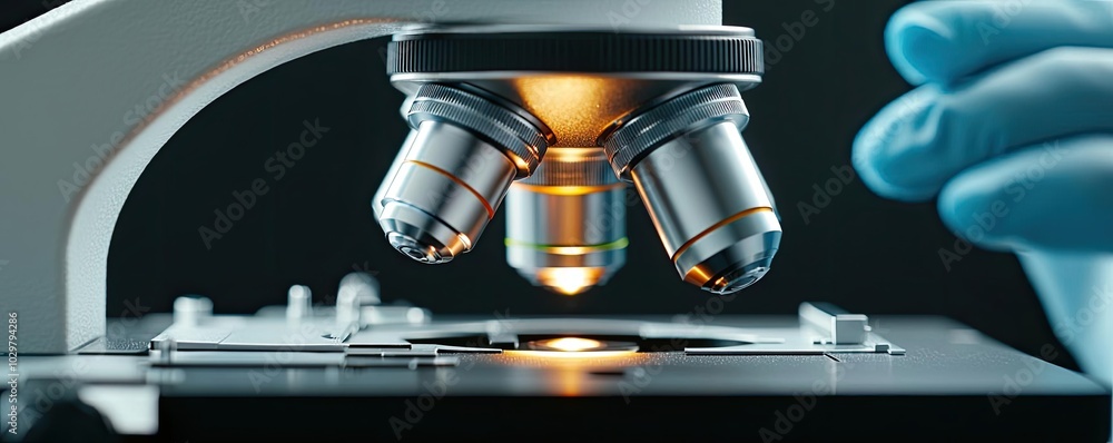 Poster close-up of a microscope with illuminated lens and a gloved hand adjusting the setting.