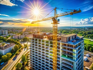Naklejka premium Crane at Work: New Residential Highrise Construction Under Blue Sky