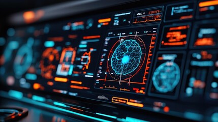 Obraz premium Futuristic digital dashboard with vibrant data visualizations on display.