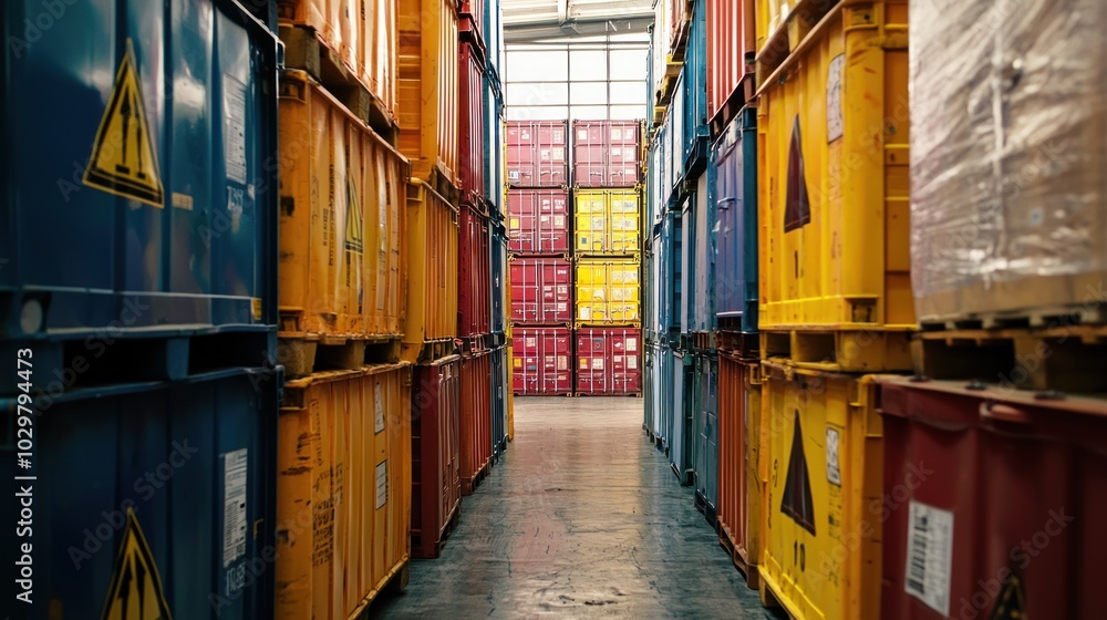 Poster a secure storage area filled with containers marked for hazardous materials.