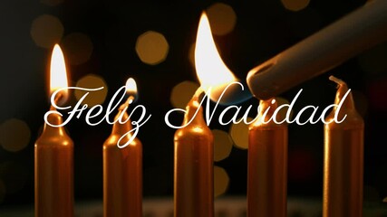 Lighting candles with Feliz Navidad text animation over festive background - Powered by Adobe