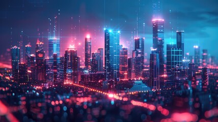 Futuristic city skyline with glowing blue lights at night. Urban and technology concept for design and print. Digital artwork of skyscraper or building with glowing blue color. Architect. AIG53.