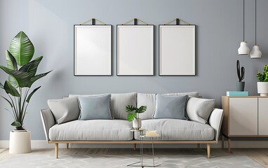 Interior of modern living room with white walls, wooden floor, comfortable gray sofa.