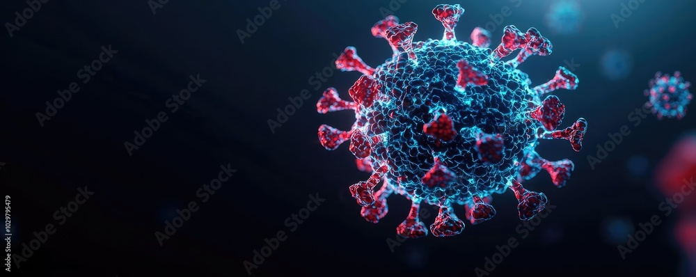 Poster microscopic view of a virus with red spikes on a dark background.