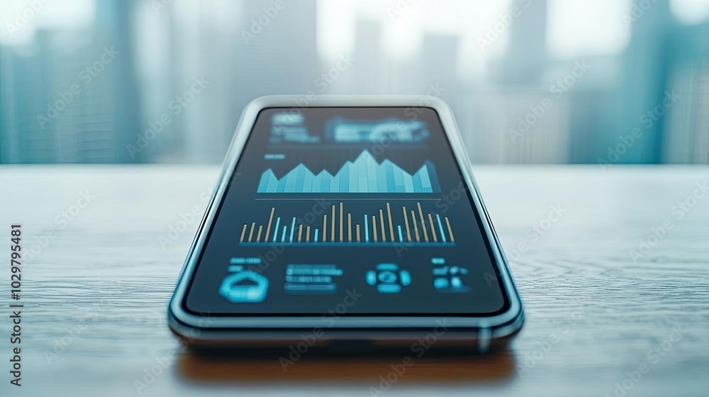 Poster smartphone displaying data analysis on screen, modern technological concept.