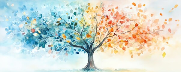 Watercolor family tree with enchanting branches, soft pastel hues, and whimsical leaves inscribed with names, celebrating heritage and familial connections