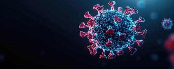 Microscopic view of a virus with red spikes on a dark background.