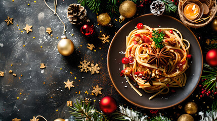 Christmas themed pasta dish, food photography