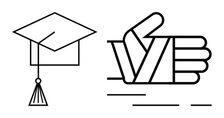 Graduation cap next to a thumbs up gesture in a minimalist style. Ideal for education, achievement, success, celebration, motivation. The clean lines create a modern, sophisticated look