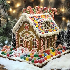 beautifully decorated gingerbread house with icing  candy canes