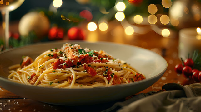 Christmas themed pasta dish, food photography