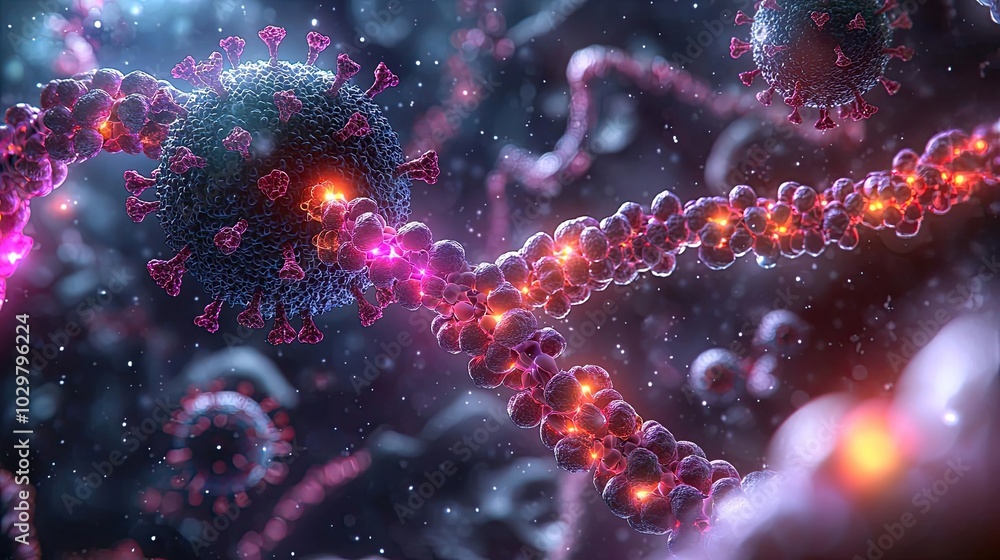Poster abstract view of molecular structures in vibrant colors on a dark background.