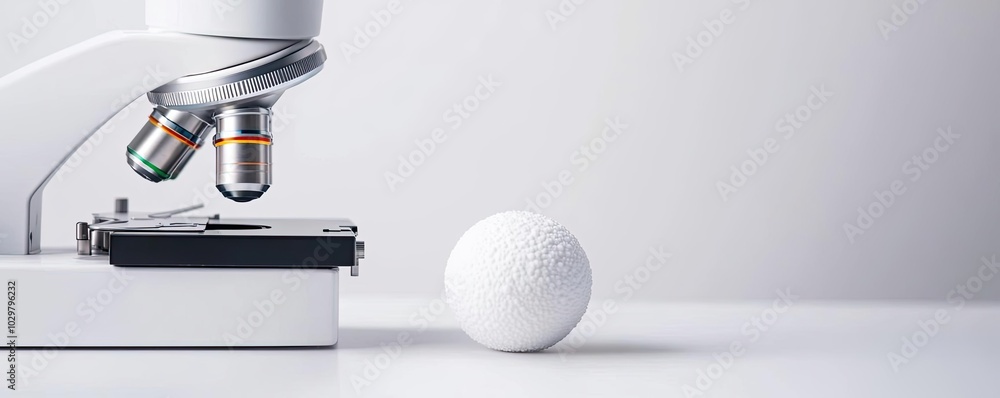 Poster microscope with multiple lenses and a white spherical object on a clean surface.