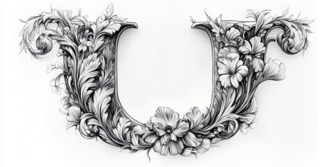 Pencil drawing of a floral letter U.