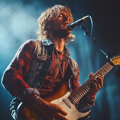 Obraz premium Rock Musician Performing with Electric Guitar on Stage