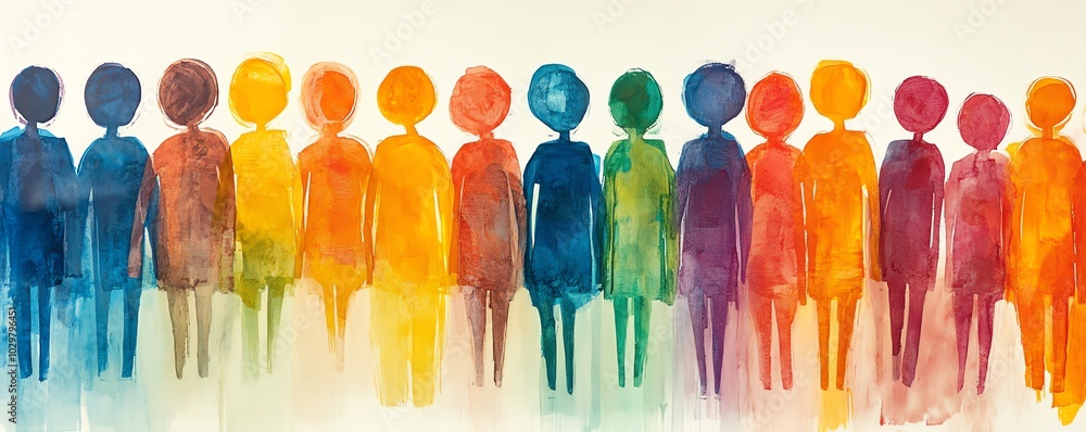 Poster diverse crowd illustration featuring vibrant stick figures in various colors, unified in composition