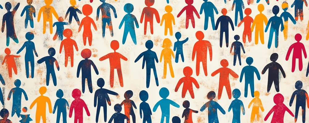 Poster diverse crowd illustration featuring vibrant stick figures in various colors, unified in composition