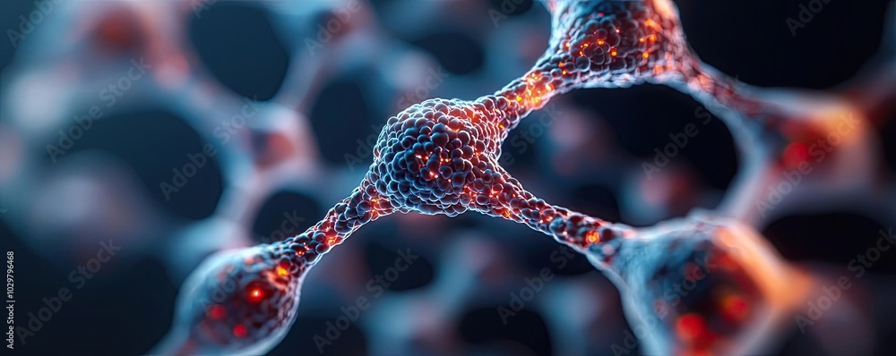 Poster abstract representation of molecular structure on a dark background.