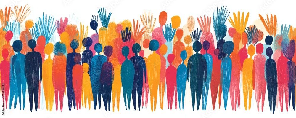 Poster diverse crowd illustration featuring vibrant stick figures in various colors, unified in composition