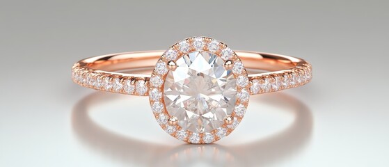 A gold and white ring with a diamond in the center. The ring is set in a gold band and has a halo...