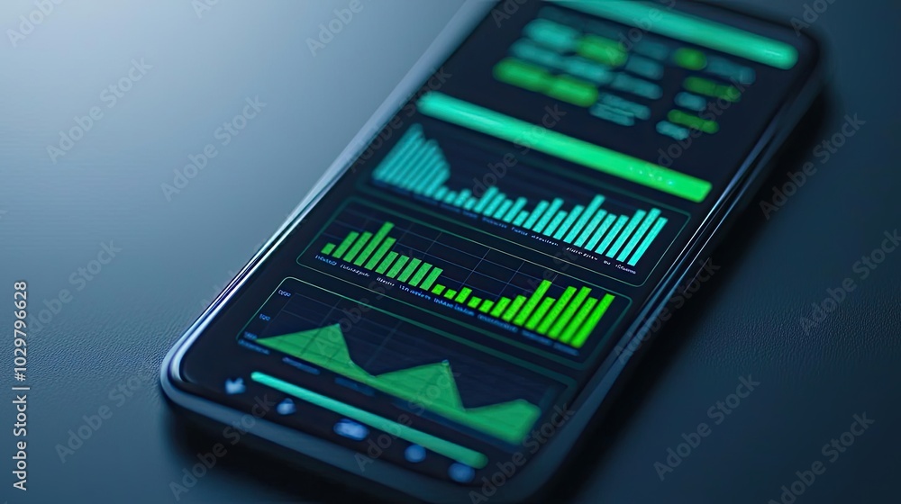 Poster smartphone displaying vibrant data analytics on a dark background.