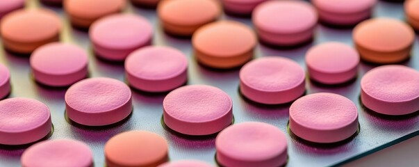 Close-up of colorful medicine tablets on a reflective surface