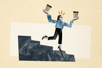 Composite photo collage of happy waiter girl run offer coffee cup take away order break arabic...