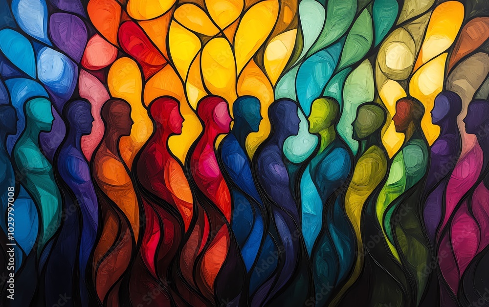 Poster Dynamic scene of stylized human figures in motion, forming an abstract crowd that merges and overlaps, symbolizing unity and community with vibrant colors