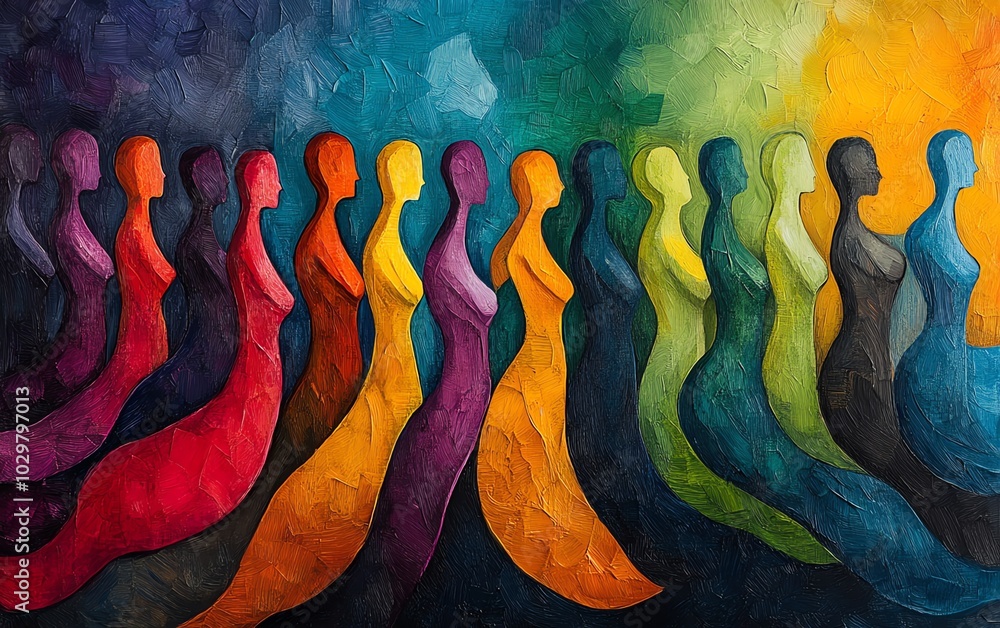 Poster Dynamic scene of stylized human figures in motion, forming an abstract crowd that merges and overlaps, symbolizing unity and community with vibrant colors