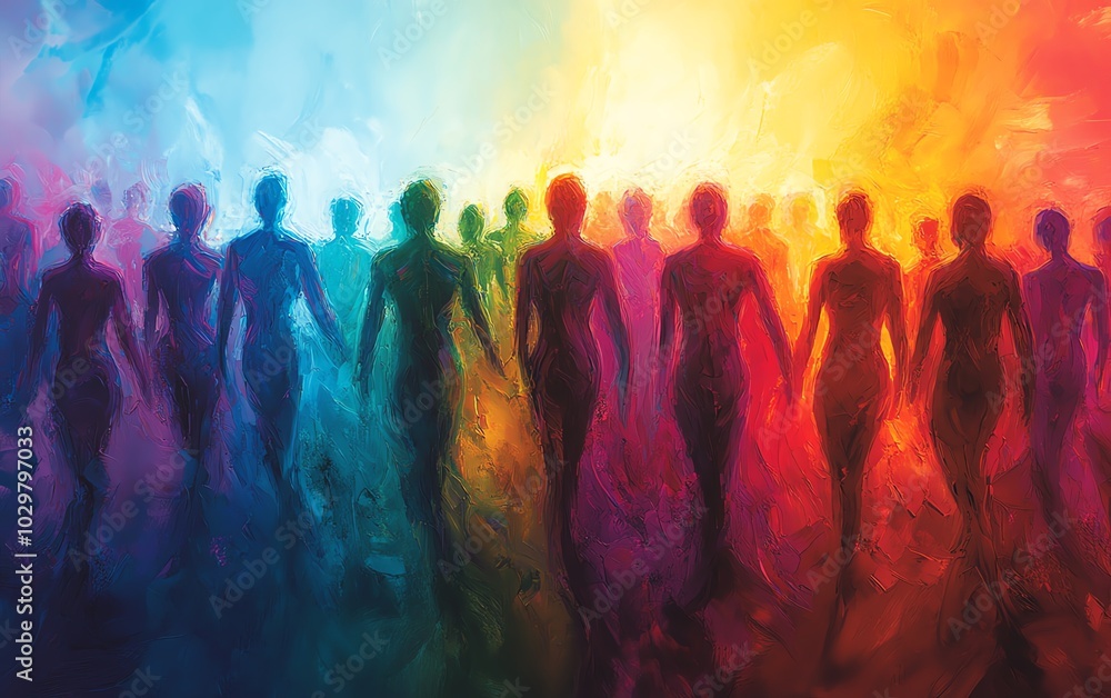 Poster Dynamic scene of stylized human figures in motion, forming an abstract crowd that merges and overlaps, symbolizing unity and community with vibrant colors