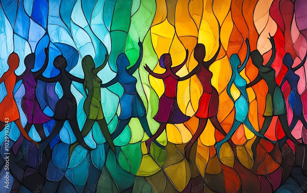 Poster Dynamic scene of stylized human figures in motion, forming an abstract crowd that merges and overlaps, symbolizing unity and community with vibrant colors