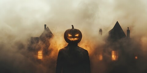Raster illustration of man with a halloween pupkin head. Houses shrouded in white fog, dark terrifying silhouettes, horror, night, evil spirits. Mystic concept