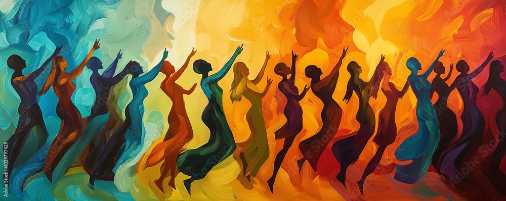 Poster stylized human figures representing a diverse crowd in motion, overlapping in an abstract design tha